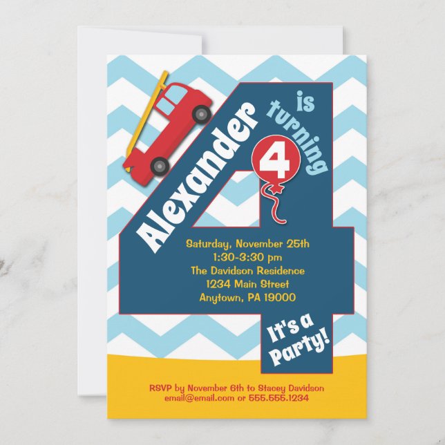 Invitación Niños 4º Camión de Incendio Invitado de Cumpleaños (Anverso)