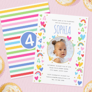 Invitación Niños 4 cumpleaños lindo foto arcoiris corazón azu