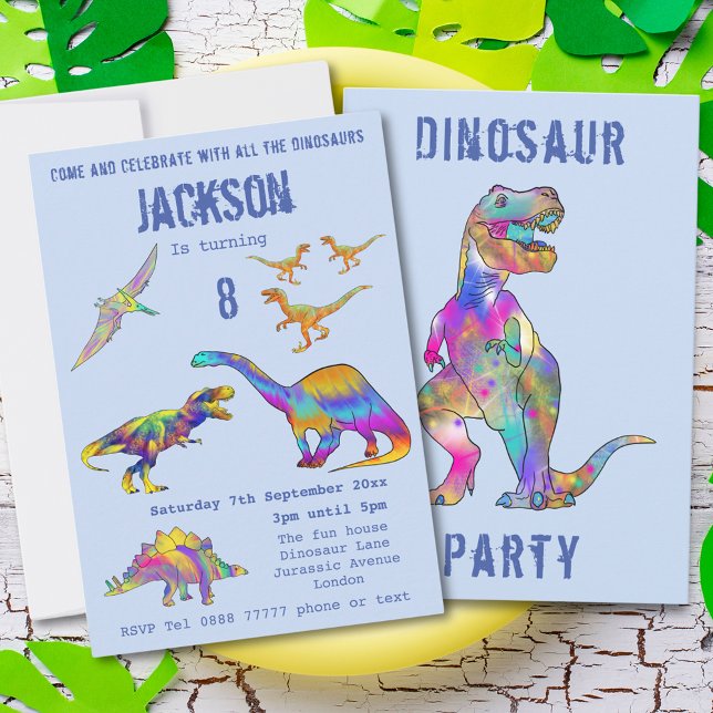 Invitación Niños 8 cumpleaños Dinosaurio T Rex Roar Fiesta Az (Colorful dinosaur 8th birthday party invitation with T-Rex velociraptor stegosaurus brontosaurus )
