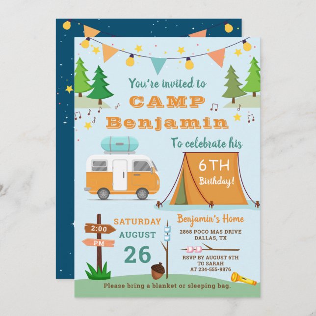 Invitación Niños acampando Cumpleaños Campamento al aire libr (Anverso / Reverso)