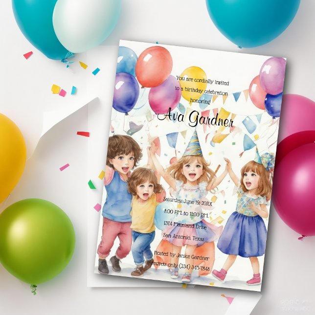 Invitación Niños acuarelas celebrando el cumpleaños (Subido por el creador)