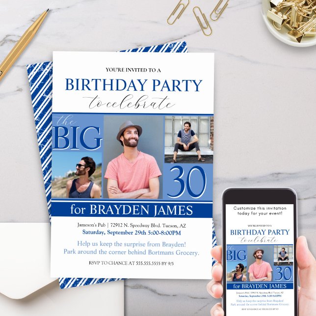 Invitación Niños adultos modernos azul cualquier edad Invitac (Modern blue saphire photo collage birthday party invitation with any birthday milestone)