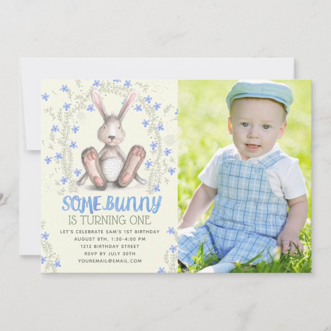 Invitación Niños Algunos Bunny Photo First Birthday Party (Anverso)
