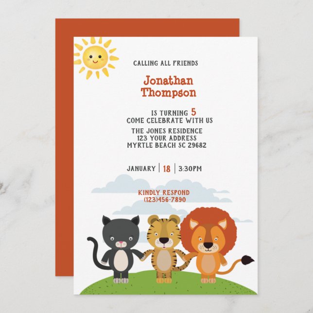 Invitación Niños amigos animales niños Fiesta de cumpleaños (Anverso / Reverso)