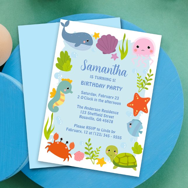Invitación Niños animales acuáticos aburridos cumpleaños (Make your child's party unforgettable with our vibrant aquatic animals birthday card! Dive into fun!)