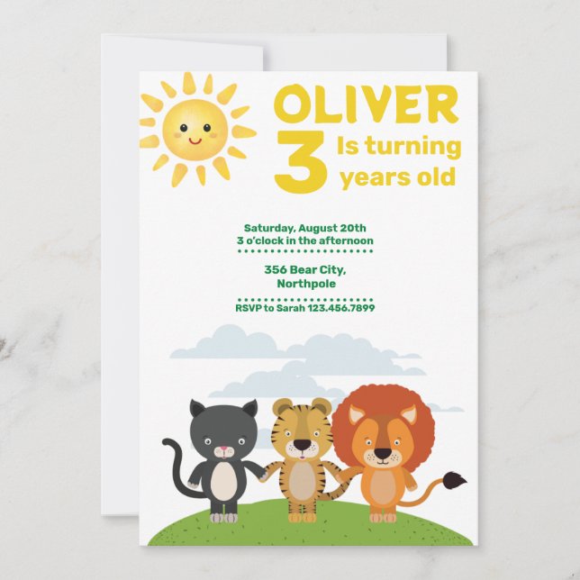 Invitación Niños animales salvajes bandidos 3 cumpleaños (Anverso)