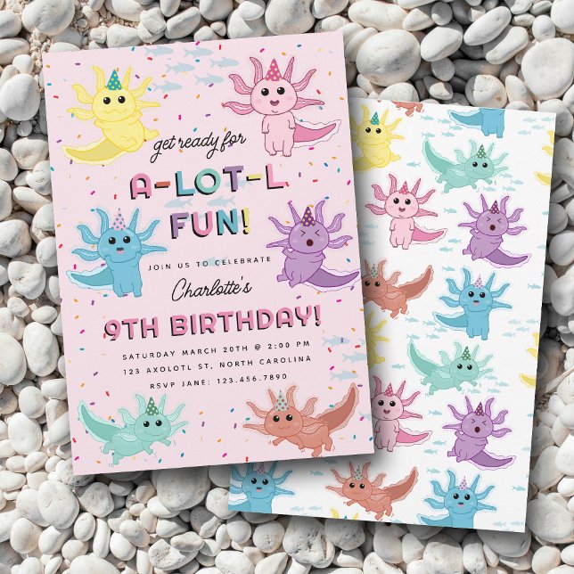 Invitación Niños Axolotl Cutan Fiesta de Cumpleaños Rosa de S (Axolotl Kids Cute Salamander Pink Birthday Party Invitation)