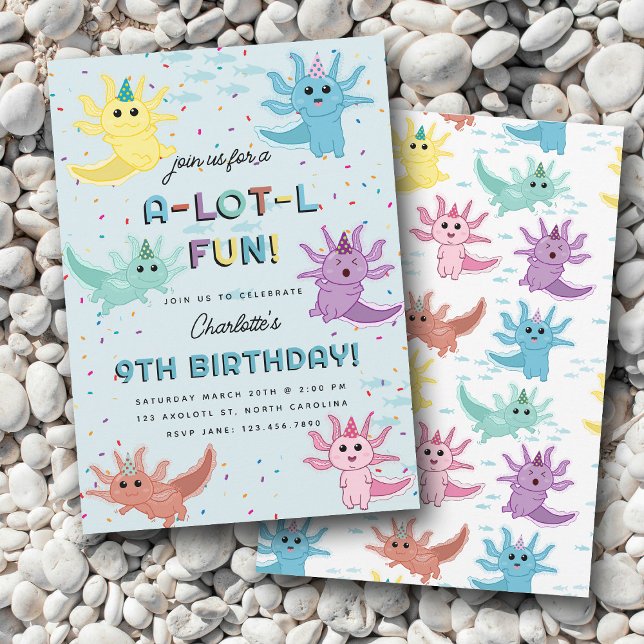 Invitación Niños Axolotl Cute Salamander Fiesta de Cumpleaños (Axolotl Kids Cute Salamander Blue Birthday Party Invitation)