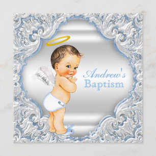 Invitación Niños Azul Blanco Ángel Niño Bebé Bautizo