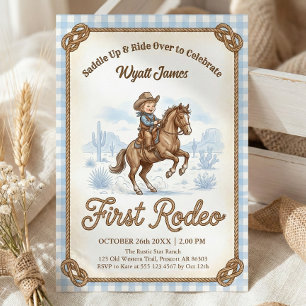 Invitación Niños Azul Cuadro Vaquero Primer Rodeo Cumpleaños 