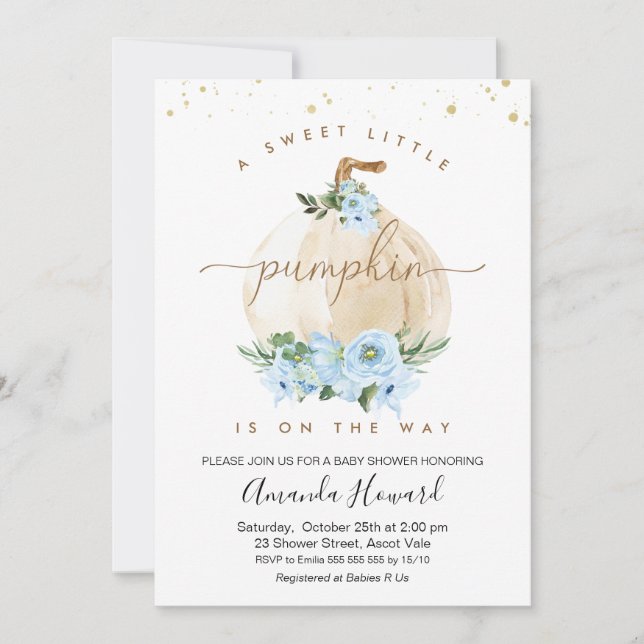 Invitación Niños Azules Pequeña Calabaza Floral Baby Shower (Anverso)