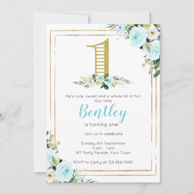 Invitación Niños azules y dorados Primer cumpleaños (Anverso)