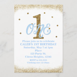 Invitación Niños azules y dorados UN Fiesta de primer cumplea