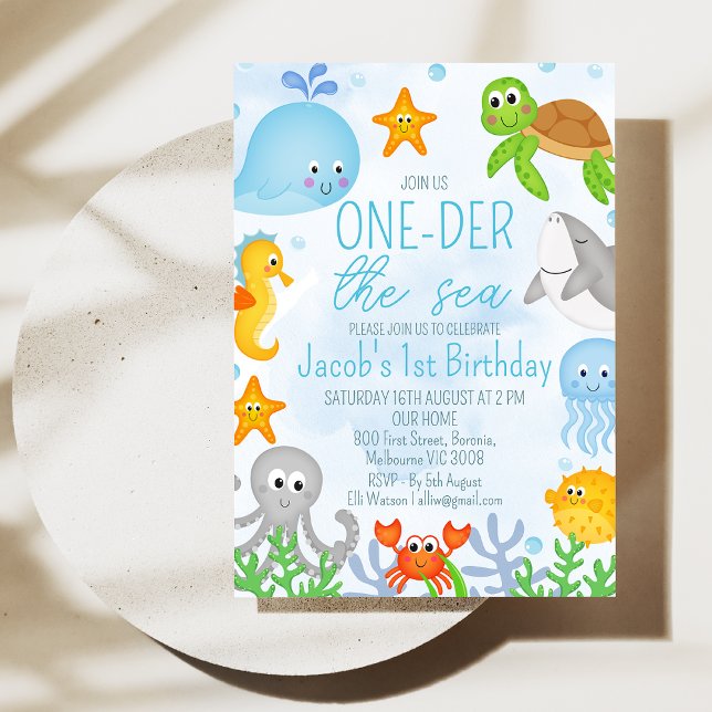 Invitación Niños bajo el mar Un día antes El mar Primer Cumpl (Boys Oneder the Sea 1st Birthday Invitation, Cute Boys First Birthday Ocean Sea Creatures Invite)
