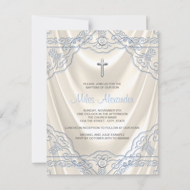 Invitación Niños Bautizo Beige Marfil y Azul (Anverso)
