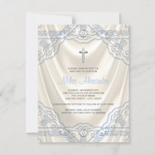 Invitación Niños Bautizo Beige Marfil y Azul