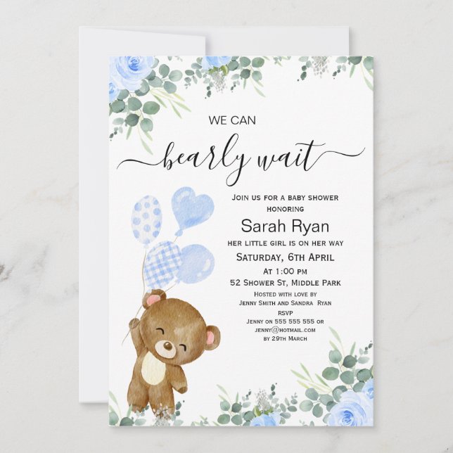 Invitación Niños Bearly Wait Bear Heart Balloons Bebé ducha (Anverso)