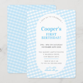 Invitación Niños BIRTHDAY vintage gingham patrón niño azul In