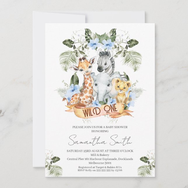 Invitación Niños Blue Floral Safari Wild One Baby Shower (Anverso)