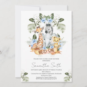 Invitación Niños Blue Floral Safari Wild One Baby Shower