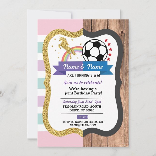 Invitación Niños Chicas de natalidad unicornio y fútbol (Anverso)