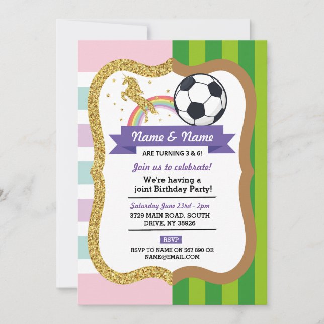 Invitación Niños Chicas de natalidad unicornio y fútbol (Anverso)