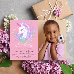Invitación Niños con foto de Unicornio rosa bangladesí de tod
