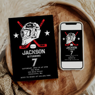 Invitación Niños con temas de hockey negros y blancos Fiesta