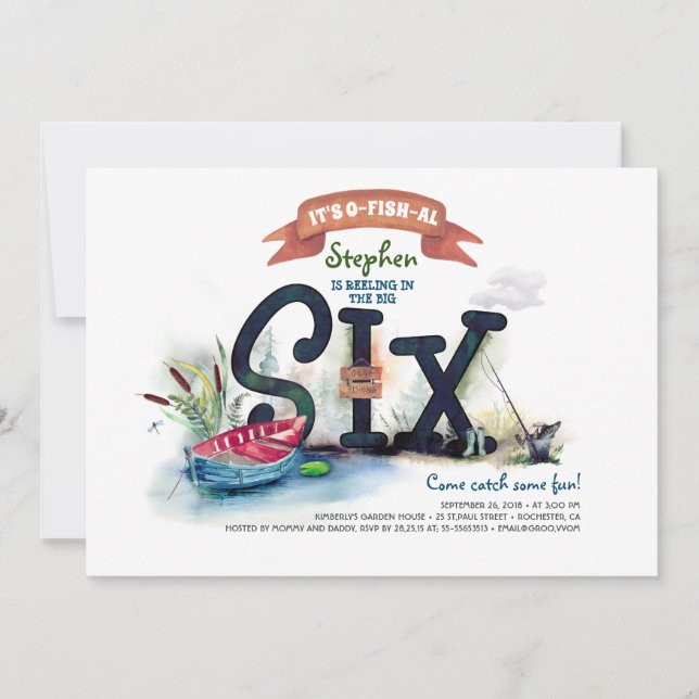 Invitación Niños con temas de pesca 6º cumpleaños (Anverso)