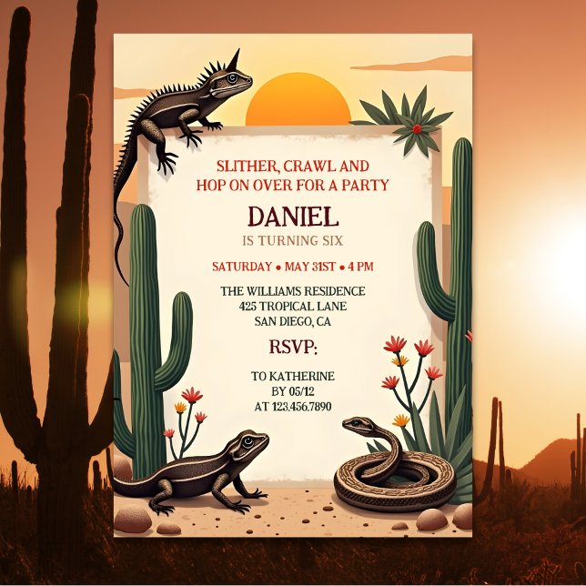 Invitación Niños con temas de reptil de serpiente del desiert (Desert Snake Reptile Themed Kids Birthday Party Invitation)