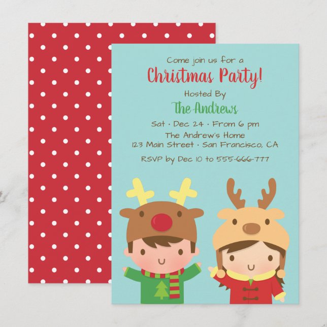 Invitación Niños cortos renos Gorras Navidades Fiesta (Anverso / Reverso)