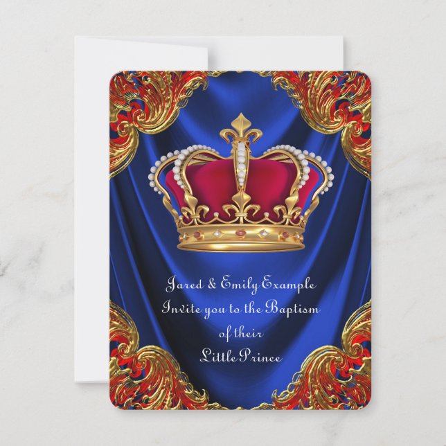 Invitación Niños Crown Prince Baptism Royal Blue Satin (Anverso)