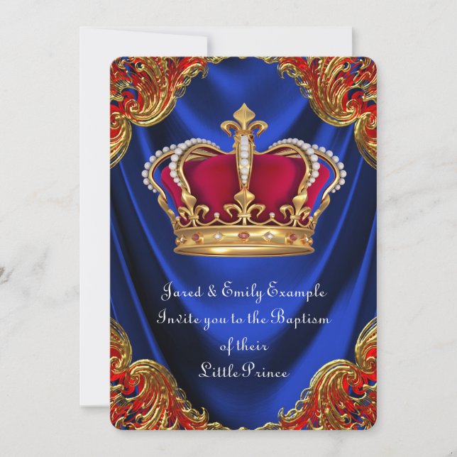 Invitación Niños Crown Prince Baptism Royal Blue Satin (Anverso)