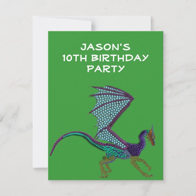Invitación Niños Cumpleaños Beaded Dragon Green (Anverso)