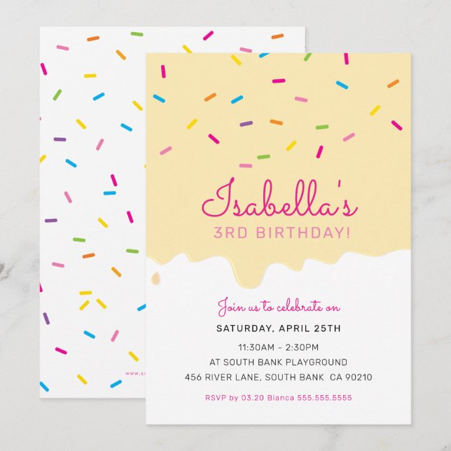 Invitación NIÑOS CUMPLEAÑOS FIESTA goteo rociar amarillo (Anverso / Reverso)