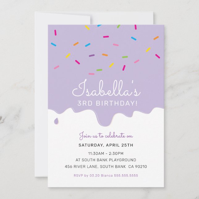 Invitación NIÑOS CUMPLEAÑOS FIESTA goteo rociar morado (Anverso)