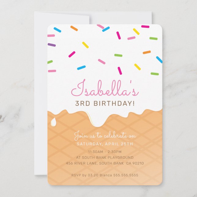 Invitación NIÑOS CUMPLEAÑOS FIESTA helado cono rociado (Anverso)