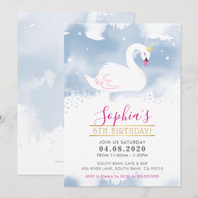 Invitación NIÑOS CUMPLEAÑOS FIESTA INVITE princesa cisne oro  (Anverso / Reverso)