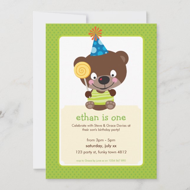 Invitación NIÑOS CUMPLEAÑOS FIESTA INVITE teddybear lollipop (Anverso)