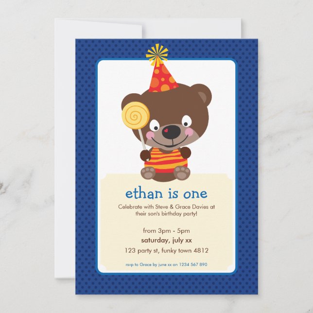 Invitación NIÑOS CUMPLEAÑOS FIESTA INVITE teddybear lollipop  (Anverso)