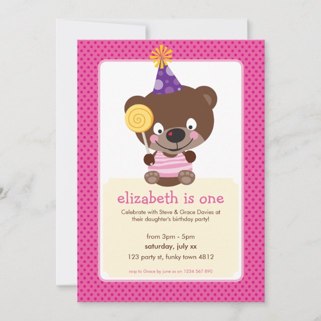 Invitación NIÑOS CUMPLEAÑOS FIESTA INVITE teddybear lollipop (Anverso)