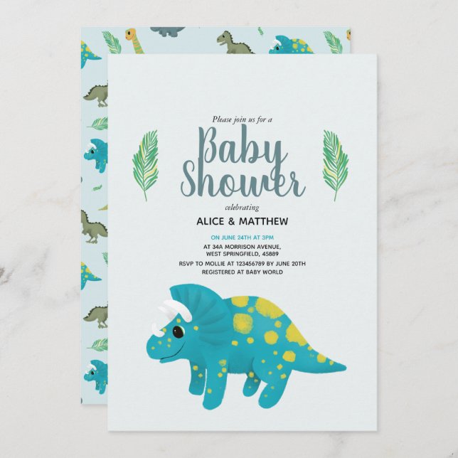 Invitación Niños Cute Blue Jungle T-Rex Dinosaur Baby Shower (Anverso / Reverso)