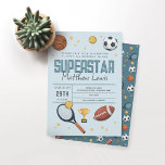 Invitación Niños Cute Blue Sports Superstar Niños Segundo Cum<br><div class="desc">Esta atractiva y moderna invitación a los niños para el 2º cumpleaños presenta un diseño de personalizados deportivos superestrellas azules, con baloncesto, fútbol, fútbol, baloncesto, raqueta de tenis, trofeo y estrellas. La invitación puede ser personalizada con el nombre de su hijo y otros detalles necesarios para su fiesta, y también...</div>