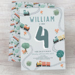Invitación Niños Cute Blue Train Viajes Niños Cumpleaños<br><div class="desc">Este bonito y moderno diseño de invitaciones de cumpleaños para niños con temas de transporte presenta un diseño personalizado de viajes en tren azul, con trenes, vías y vegetación. La invitación puede ser personalizada con el nombre de su hijo y otros detalles necesarios para su fiesta. La combinación perfecta de...</div>