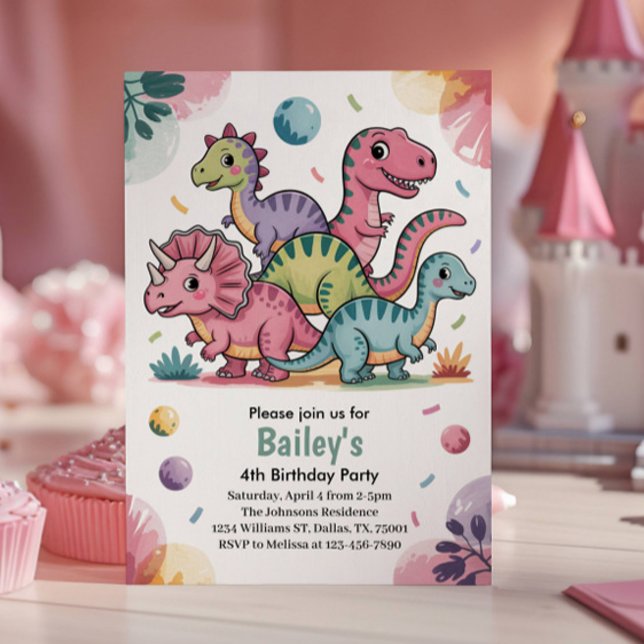 Invitación Niños Cute dinosaurio rosa cuarto Fiesta de cumple (Subido por el creador)