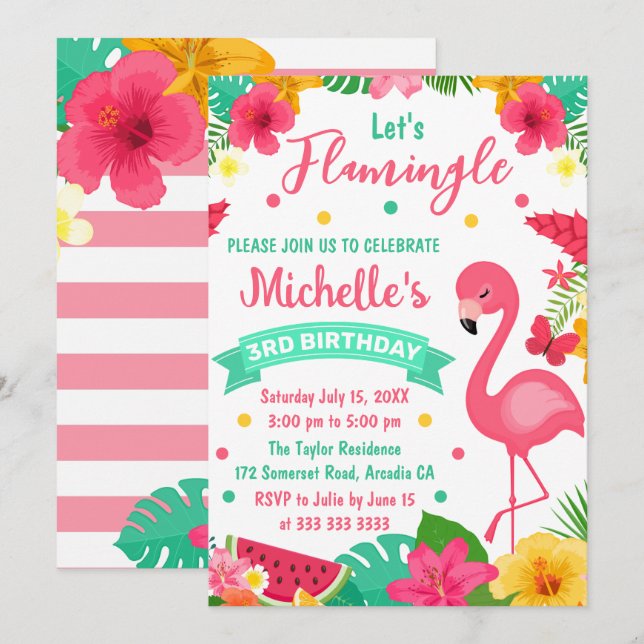 Invitación Niños Cute Flamingo Tropical Cumpleaños (Anverso / Reverso)