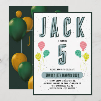 Invitación Niños Cute Moderno Tema Verde Oscuro Niños 5º Naci