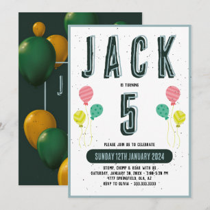 Invitación Niños Cute Moderno Tema Verde Oscuro Niños 5º Naci