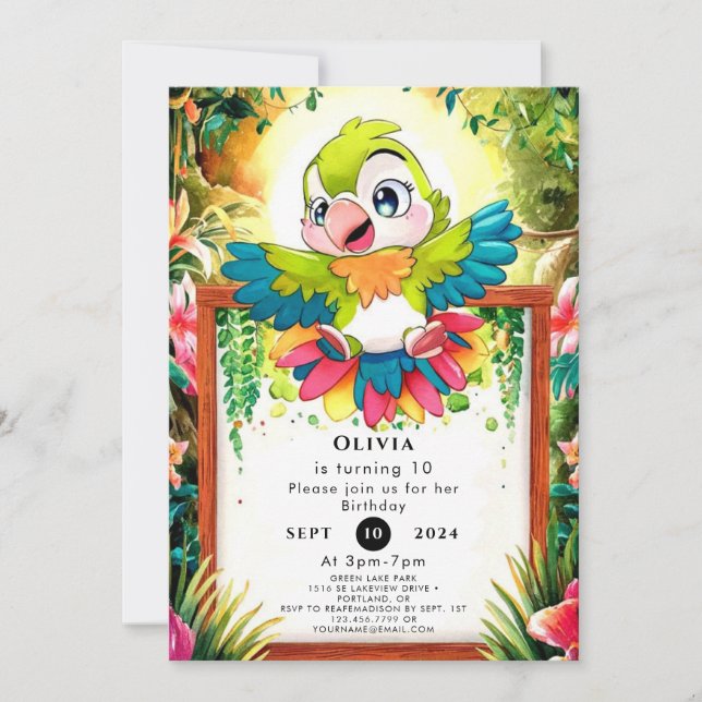 Invitación Niños Cute Parrot Cumpleaños (Anverso)