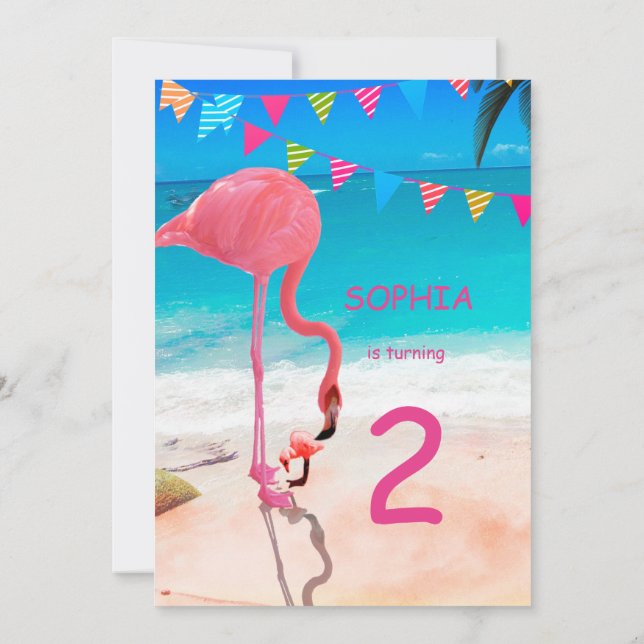 Invitación Niños Cute Pink Blue Flamingo Beach Cumpleaños (Reverso)